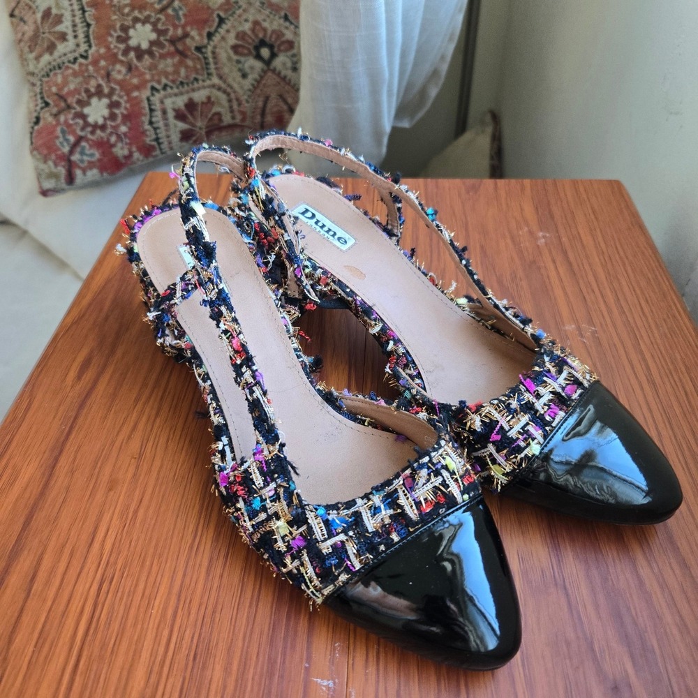 Dune London Sz 39 EU / 8 US Tweed Slingback Block Heel Pumps with Patent Cap Toe - Picture 2 of 6